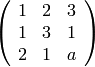 \left(\begin{array}{rrr}1 & 2 & 3 \\1 & \-3 & 1 \\2 & 1 & a\end{array}\right)