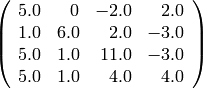 \left(\begin{array}{rrrr}
5.0 & 0 & -2.0 & 2.0 \\
1.0 & 6.0 & 2.0 & -3.0 \\
5.0 & 1.0 & 11.0 & -3.0 \\
5.0 & 1.0 & 4.0 & 4.0
\end{array}\right)